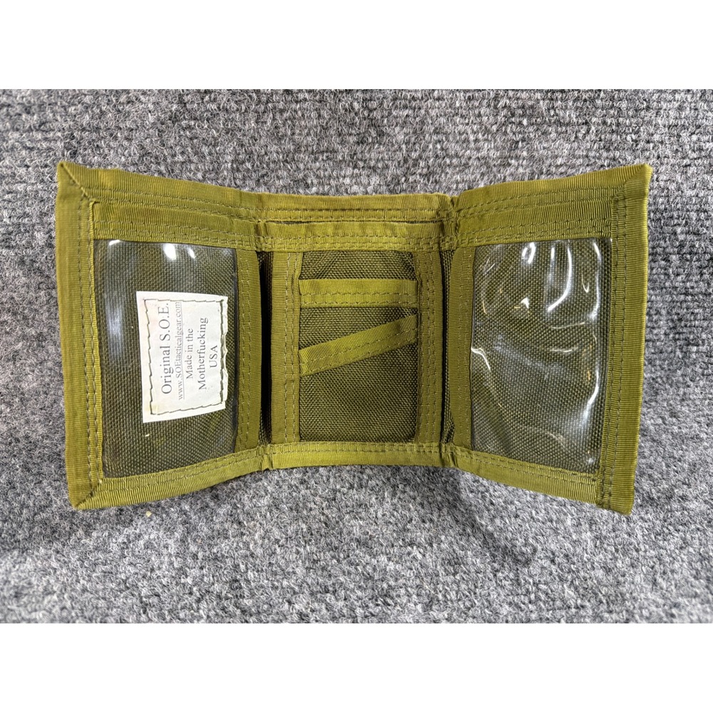 Original S.O.E. Tactical Gear Trifold Wallet OD Green Nylon with Bad Guy Patch
